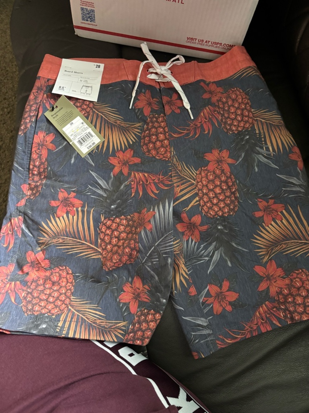 Men's Tropical Pineapple Swim Trunks in Coral and Navy